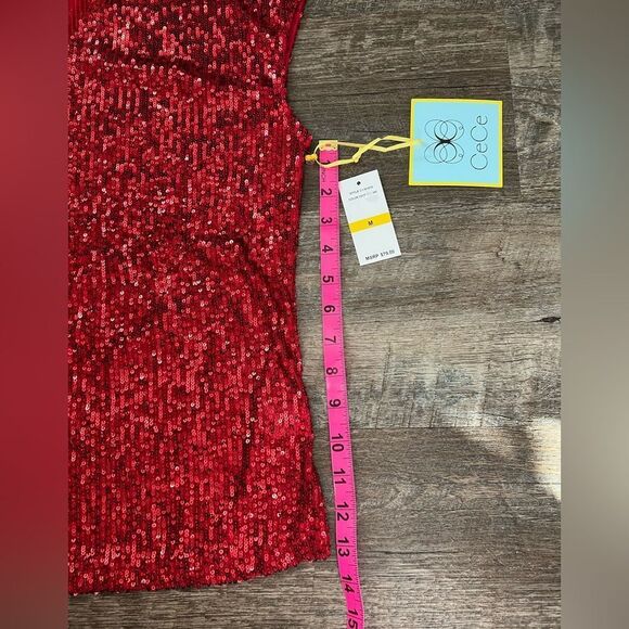 CeCe Sequined V-Neck Cap-Sleeve Red Blouse-Size Medium - Picture 6 of 7